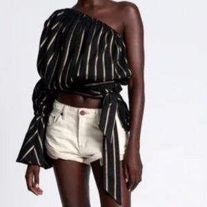 One Teaspoon Woman Tuxedo Stripe Top Black Gold Cropped One Shoulder Size XS